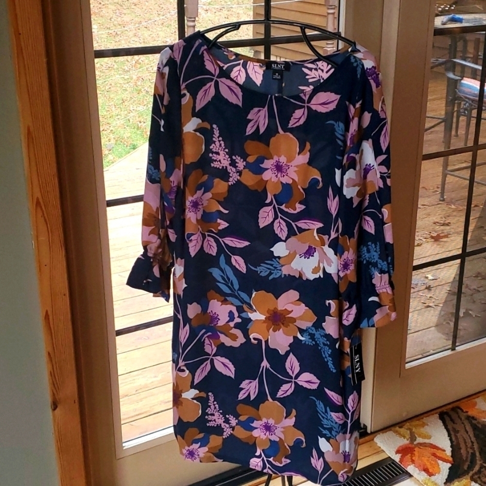 SLNY Teal Floral Jewel Long Sleeve Sheath Sz. 16 Dress